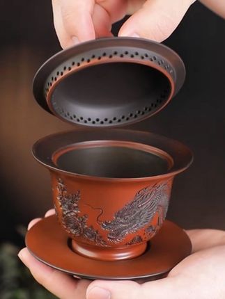 中式云南复烧紫陶全手工雕刻盘龙三才盖碗功夫茶具#茶具 #盖碗 #茶碗#三才盖碗