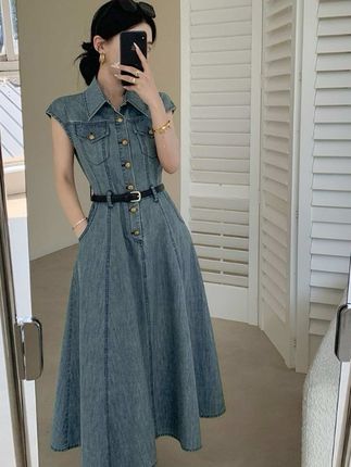 蓝色牛仔连衣裙女2025夏新款法式复古收腰显瘦小飞袖长裙 #夏季穿搭 #女装穿搭 #连衣裙 #出游穿搭 #穿搭分享