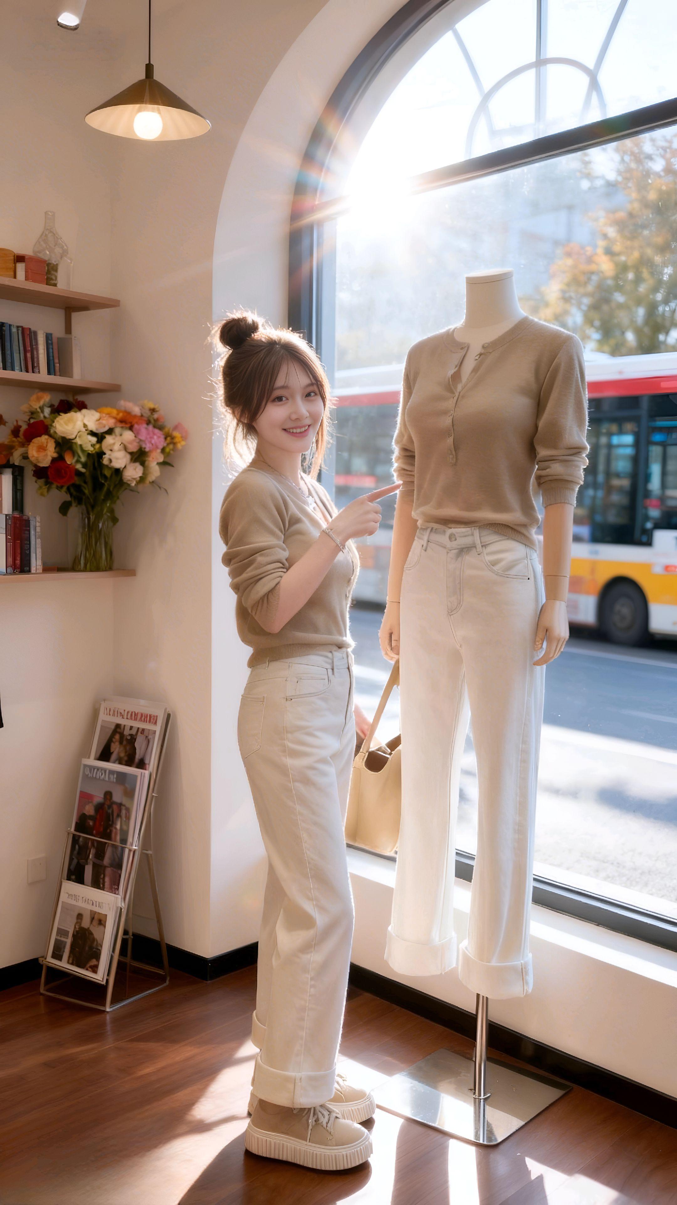 《转角店里的秋日私语》在街角那家藏着暖光的小店,梦然对着镜前的人体模特眨了眨眼。 三天前,她被玻璃窗上的树影绊住脚步,推开门就撞进这套穿搭的温柔里◇ V 领针织衫软得像午后薄雾,奶白阔腿裤兜住满室咖啡香,卷边处还漾着阳光晒过的温度。此刻,窗外金黄树叶把光影碎在木质地板上,吧台上干花枝的影子斜斜靠在模特腰间,脚边狗狗蜷成毛茸茸的团,毛色竟和她的厚底鞋隐隐呼应。 梦然指尖抚过模特的衣摆,像触到秋日柔软的风。"原来把秋天穿在身上,连街角的风都会对你更温柔。"她笑着转了个圈,针织衫的纹路里落满店里的暖光,仿佛下一秒,就能踩着裤脚的卷边,和门外的秋阳撞个满怀。#韩系穿搭#高级感穿搭#简约穿搭#ootd穿搭#早秋穿搭@抖加🔥上热门🔥dou+🔥热点宝 #高级感穿搭
