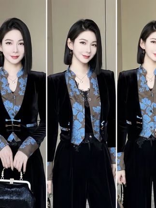 #上热门 2025新款秋冬丝绒小西装假两件外套新中式高级感洋气出游套装#高级感穿搭 #显瘦穿搭 #谁穿谁好看 #爆款热卖中 @DOU+小助手