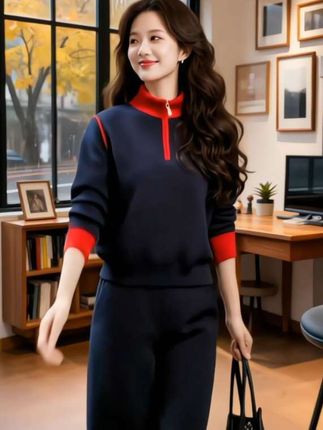 2025春秋新款设计感撞色拼接立领上衣女气质松紧腰直筒休闲裤套装#气质款穿搭 #休闲裤套装#时尚套装穿搭#谁穿谁好看#不分年龄段