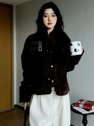 SOSTINE「巴恩风 仿麂皮」美式拼接设计高级感夹克男女短宽早秋外套#高级感穿搭 #夹克外套 #面料柔软舒适 #谁穿谁好看