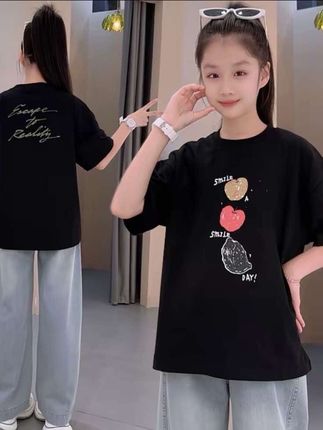 女中大童夏季短袖印花T裙洋气休闲宝宝时髦百搭宽松潮流时尚纯棉#夏季穿搭 #女中大童夏季短袖印花T#品质童装