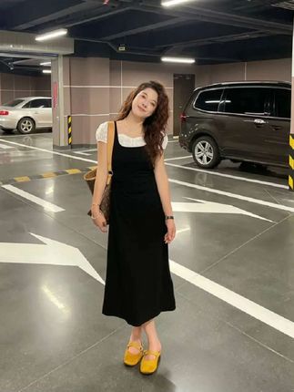 WenWen小个子韩系时尚设计感方领假两件气质连衣裙4141 #穿搭 #小个子穿搭 #穿搭分享 #连衣裙