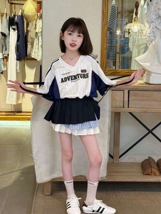 2025夏季美式短袖球服百褶裙套装新款女童休闲撞色条纹印花T恤潮#女童套装 #女童套装夏季 #高品质童装 #儿童套装 #套装