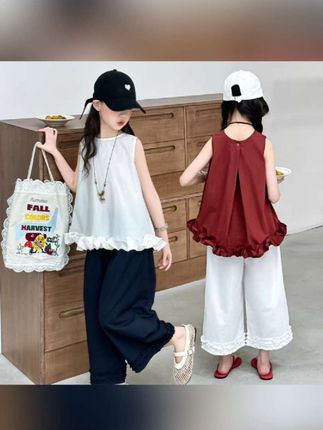 女童套装中大童花边娃娃衫儿童女孩阔腿裤两件套#谁穿谁好看 #小清新穿搭