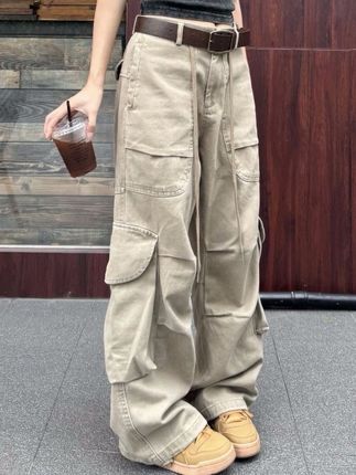 美式复古多口袋宽松直筒工装裤女cleanfit阔腿抽 #秋季穿搭#时尚#百搭#显瘦#慵懒