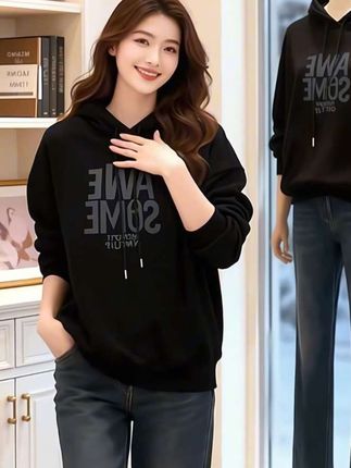 秋冬季新款连帽卫衣,韩版加绒加厚中长款微胖纯色上衣#减龄显瘦穿搭 #减龄气质 #时髦穿搭 #谁穿谁漂亮