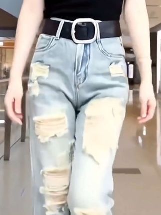 夏季薄款破洞牛仔裤女高腰显瘦窄版阔腿裤潮流百搭直筒拖地长裤子#面料柔软舒适##时尚潮流穿搭 #显高显瘦显腿长 #谁穿谁好看