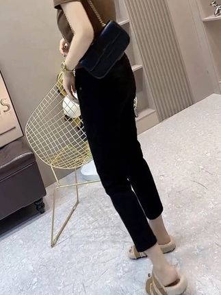 黑色高腰弹力休闲直筒牛仔裤修身显瘦小个子九分烟管裤#面料柔软舒适