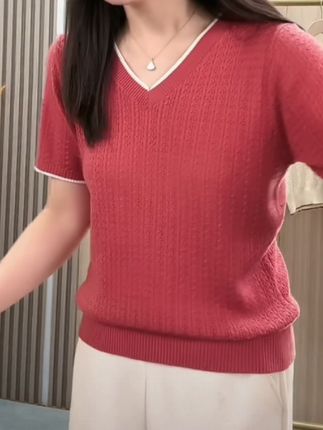 高档天丝短袖T恤女洋气衣服宽松显瘦夏季薄款v领半袖针织衫#短袖T恤衫妈妈装#天丝短袖T恤衫上衣#宽松版短袖T恤衫#V领短袖T恤衫妈妈装#短袖针织上衣妈妈装