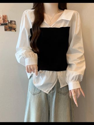 巨显瘦大码女装设计感假两件拼接长袖衬衫秋韩系气质显瘦遮肚上衣#显瘦修身#拼接假两件#遮肉显瘦#韩版穿搭#早秋搭配