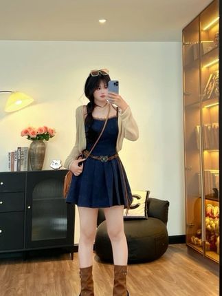 春夏款收腰复古风格纹衬衫百褶裙牛仔吊带裙 #夏季穿搭 #显高显瘦 #今日穿搭 #微胖大码穿搭#新款