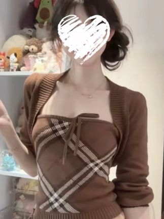 针织巧克力格纹抹胸+开衫上衣两件套 60509#穿出高级感 #今日穿搭 #舞蹈穿搭 #高级感穿搭 #显瘦搭配