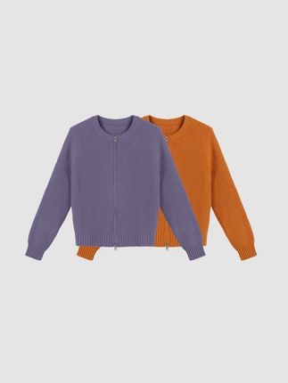 江洲【今秀】秋冬新款高级感慵懒风纯色双拉链圆领短款针织羊毛开衫