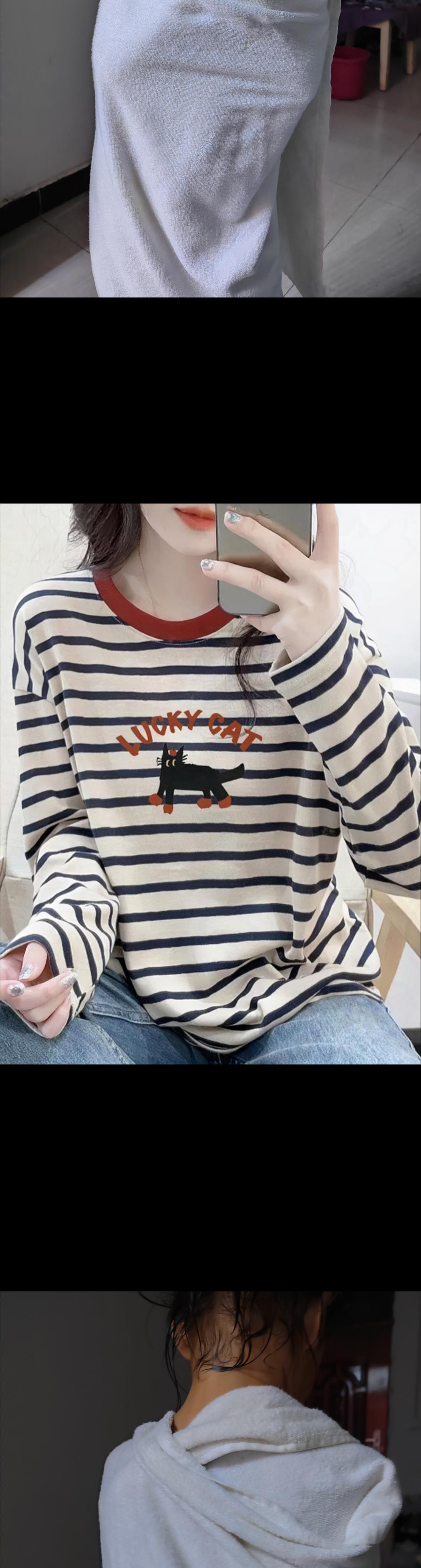 春秋冬棉条纹T恤女 宽松显瘦百搭外穿。挖到宝了!这件春秋冬能穿的棉质条纹T恤也太懂女生了吧!圆领设计不挑脸型,撞色条纹自带复古感,随便搭都不出错。长袖长度刚好遮住拜拜肉,宽松版型把小肚腩藏得严严实实,慵懒松弛感直接拉满。棉质面料软乎乎的,贴身穿超舒服,春秋外穿、冬天叠穿都合适。随便配牛仔裤、半身裙,日常通勤或出门玩都很可,显瘦又百搭,衣柜里真的不能少这件!#春秋冬穿搭 #条纹T恤 #显瘦上衣 #宽松慵懒风 #百搭基础款