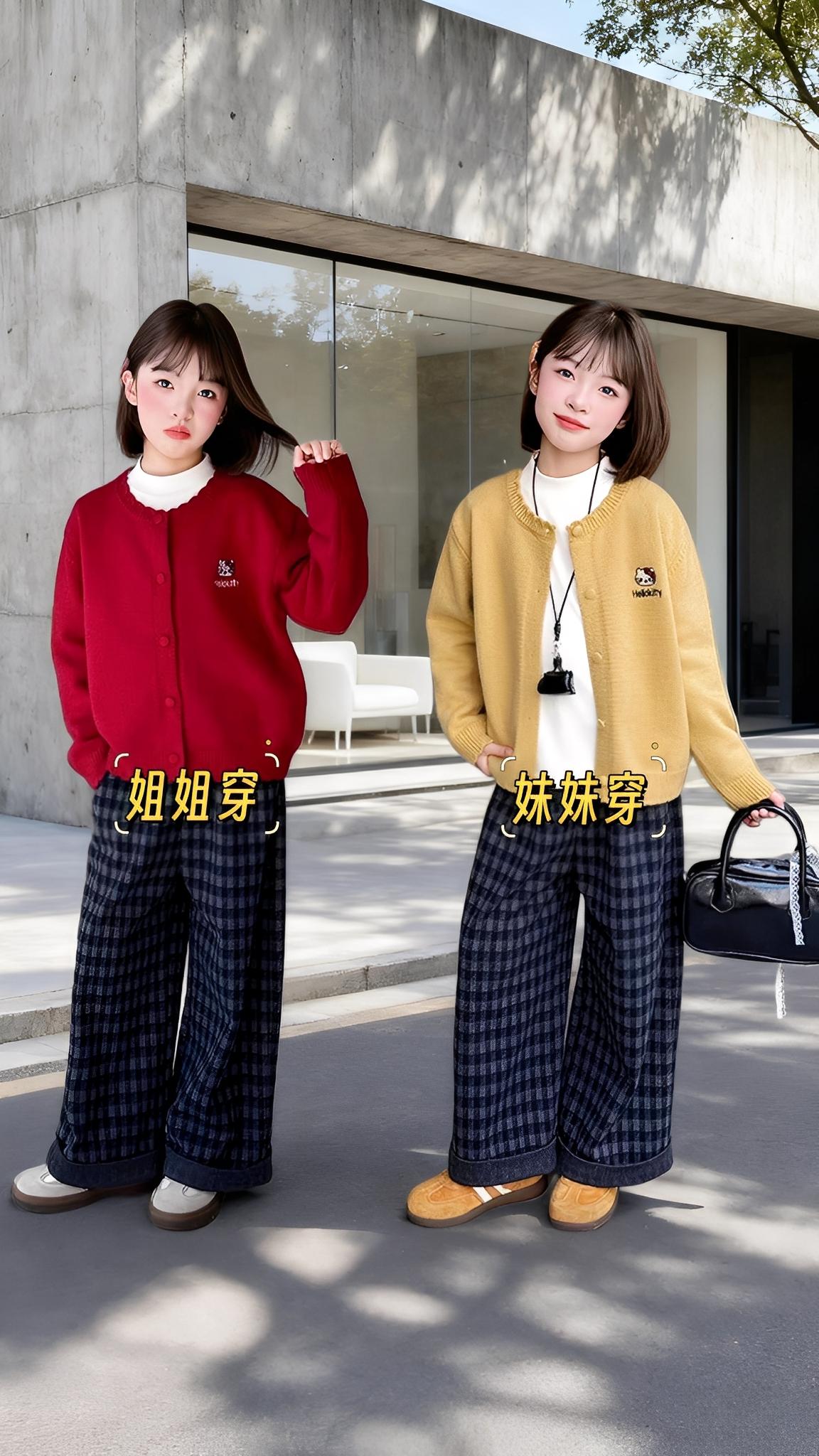 女童毛衣开衫格子阔腿裤三件套 #我是又甜又酷的流光系少女#小个子秋冬穿搭#早秋贵气感穿搭 #秋季不露腿穿搭#高品质童装