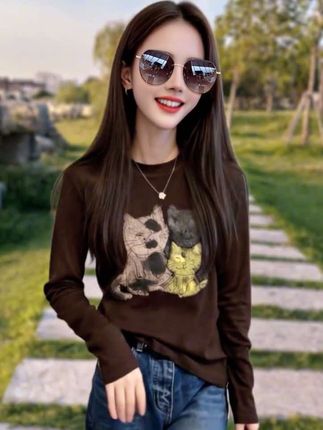 印花面膜长袖T恤女欧洲站2025秋装新款欧货女装洋气打底衫潮 #穿搭 #长袖t恤女装 #打底衫 #长袖打底t恤