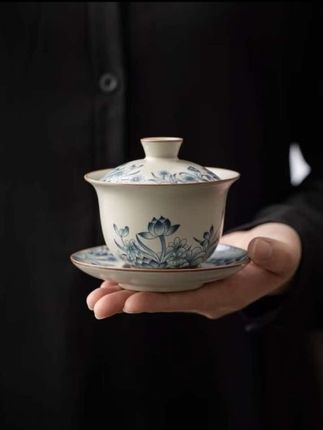 汝窑三才盖碗茶悬停家用陶瓷单个高 档茶碗功夫荼杯清荷碗#盖碗泡茶 #悬停盖碗