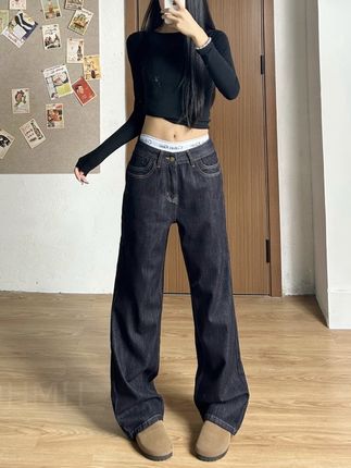 百搭刺绣梨形显瘦加绒牛仔裤女秋冬季中腰直筒裤丹宁阔腿牛仔裤子#今日穿搭 #简约大气 #懒人必备 #休闲裤 #百搭显瘦