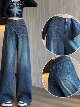 喜绚超火复古假两件阔腿牛仔裤女2025秋季流行宽松设计感直筒裤女 #潮流穿搭 #假两件 #牛仔裤 #阔腿裤 #直筒裤