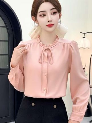 秋季上新木耳边系带领优雅气质女人味气质显瘦设计感长袖衬衫#气质穿搭 #面料柔软舒适 #遮肉显瘦 #ootd穿搭 #衬衫