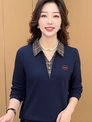 秋季新款时尚翻领假两件气质妈妈装休闲减龄显瘦长袖上衣#女装 #衬衣穿搭 #减龄穿搭 #时尚气质穿搭 #百搭上衣