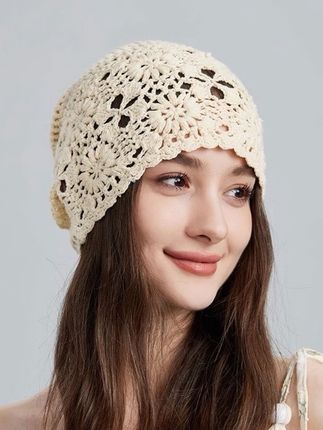 春季薄款镂空手工女帽子钩花遮白发头饰编织毛线针织帽网红包头帽#帽子#太阳帽#遮阳帽#遮阳#装饰