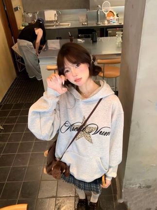 美式复古豹纹星星字母印花图案套头连帽宽松卫衣长袖外套#美式#复古#套头卫衣#宽松卫衣#百搭卫衣