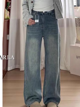 复古蓝直筒牛仔裤女秋冬加绒加厚胖mm大码显瘦梨形身材宽松阔腿裤#显瘦穿搭 #今天穿什么 #秋季穿搭 #今天#秋季穿搭