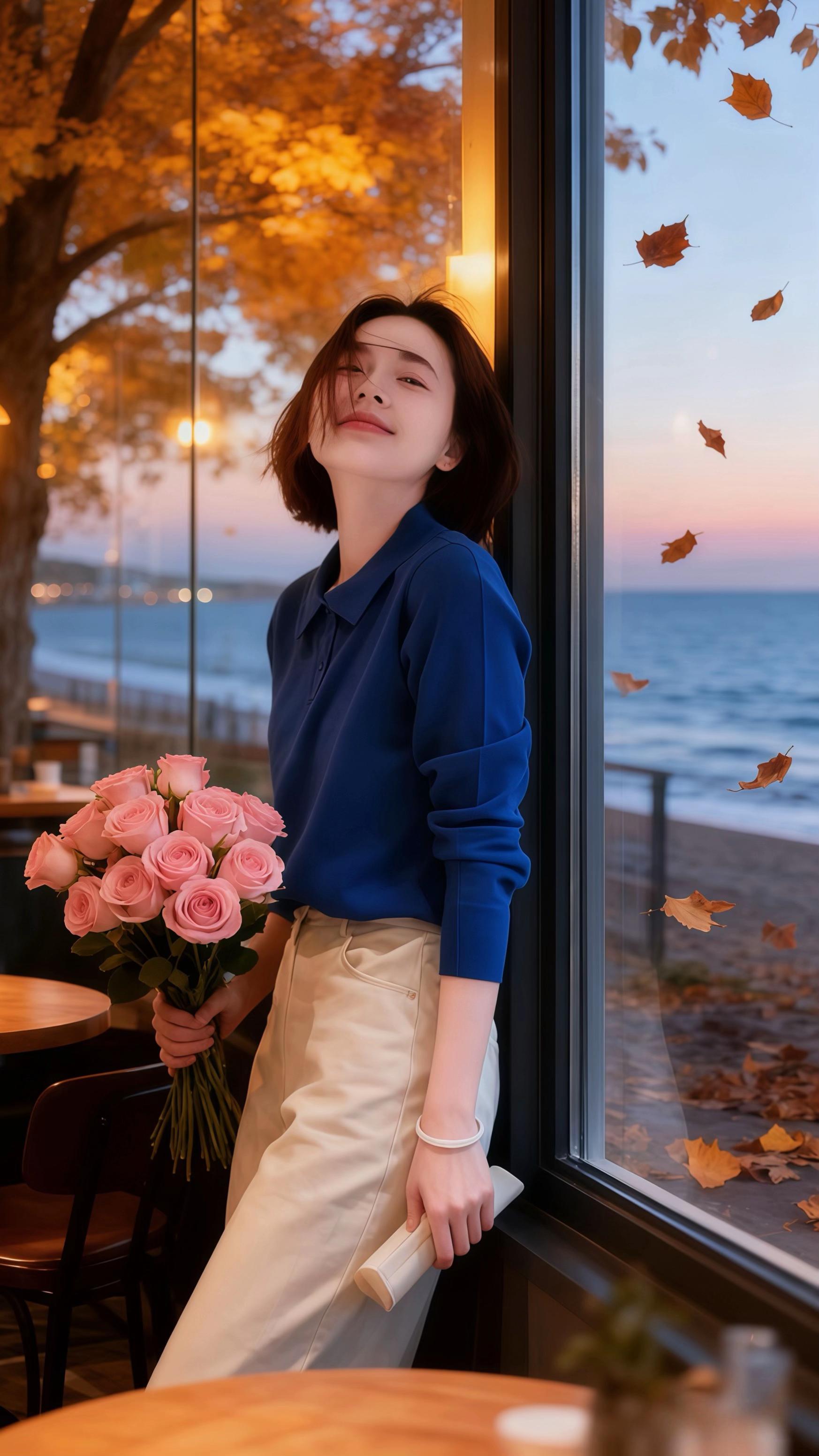 秋海情韵衣语 海边咖啡馆外,暮霭染上窗棂。她身着深蓝polo衫,似揉碎了一汪深海的宁静,搭配米白色休闲裤,仿若裹挟着沙滩的温柔 。 手中的粉玫瑰,如春日遗落的梦,与她嘴角浅笑相映成趣。金黄的秋叶飘落在身侧,窗外大海泛起粼粼波光。这一刻,她将秋的烂漫、海的旷达,都穿在了身上,每一个不经意的抬眸,皆是浪漫的诗篇, 连风都忍不住轻吻她的衣角,诉说着无尽的缱绻。#韩系穿搭 #高级感穿搭 #简约穿搭 #ootd穿搭 #早秋新款