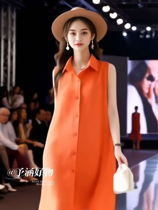 #夏日亮色穿搭 被问爆的无袖衬衫裙来咯💥 显白橘色超吸睛,衬衫领利落又时髦,宽松剪裁藏肉显瘦~搭配帽子包包,日常出街、约会超适配,谁穿谁美,手慢无‼️#轻奢女装 #高端大气 #高级感穿搭 #减龄气质