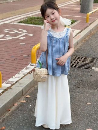 女童短袖夏季新款蕾丝假两件无袖儿童蓝色格子上衣白色裤子套装#女童穿搭 #童装 #高品质童装 #甜美穿搭