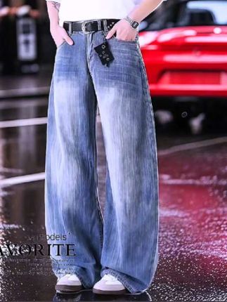 #夏季美式cleanfit竹节纹牛仔裤#弯刀宽松直筒复古男女同款阔腿裤子#