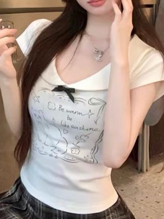 纯欲风可爱小猫正肩短袖T恤女夏季新款蝴蝶结娃娃领修身短款上衣#清纯女神 #爱了爱了 #有点上头 #辣妹穿搭 #我又心动了