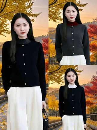 女士立领假两件针织衫春装时尚洋气减龄毛衣外套上衣#时尚气质穿搭 #高端大气 #针织衫#毛衣外套#谁穿谁漂亮 #时尚百搭
