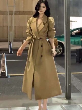 秋季新款卡其色长款韩版H型双排扣高级感大翻领风衣外套女#每日穿搭女装 #高级感穿搭 #穿搭穿搭 #风衣穿搭 #女神穿搭