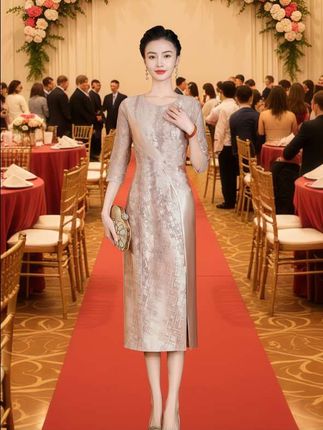 标题文案:在婚宴上穿这件香槟金礼服,缎面与提花的碰撞太绝了!优雅得体又显贵,行走间开叉裙摆摇曳生姿,长辈夸有气质,同辈问链接,婚宴C位非你莫属! #婚礼妈妈装 #气质礼服穿搭 #宴会穿搭灵感 #优雅气质 #婚庆礼服