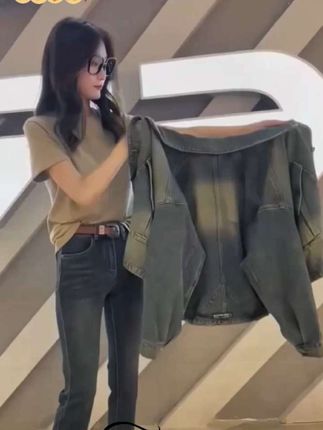 法式复古牛仔短外套女春秋新款上衣欧货大码女装宽松长袖工装夹克#强烈推荐 #穿出高级感