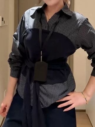 大码高智感韩系翻领拼接假两件格子衬衫女秋季绑带收腰上衣#气质穿搭 #辣妹穿搭 #时髦穿搭 #优雅气质 #显瘦穿搭