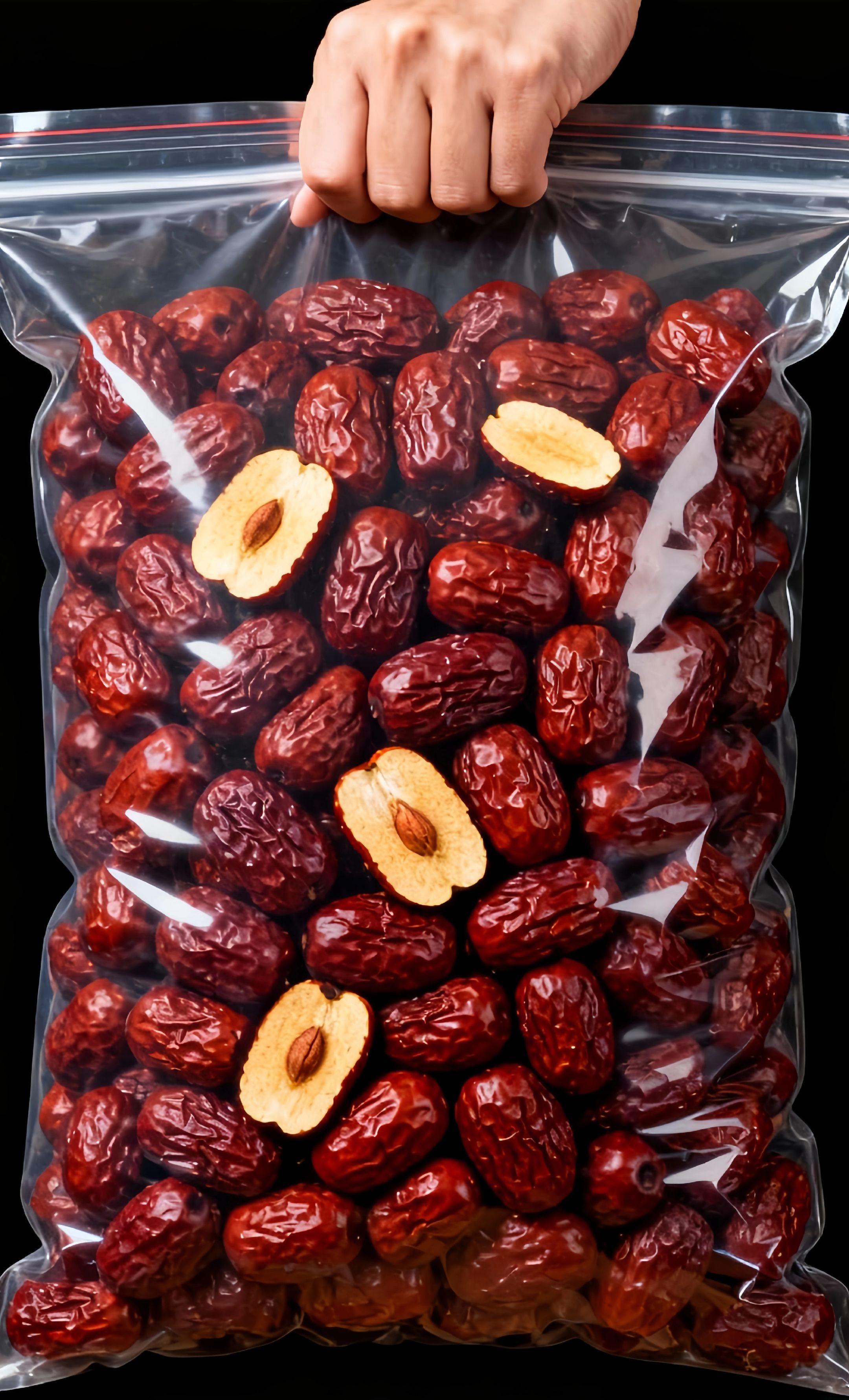 1.准备食材与器具:备好适量新疆无核红枣、宁夏枸杞、冰糖(可按个人口味选择)、以及茶売或带盖茶杯、执水。 2.清洗食材:将红枣和枸杞放入清水中,轻轻冲洗,去除表面灰尘杂质后捞出沥干。 3.投放食材:把洗净的红枣和枸杞按2:1比例(如8颗红枣搭配40粒枸杞)放入茶壶或茶杯中。若喜甜、可加入适量冰糖。 4.注水冲泡:缓缓倒入刚烧开的沸水,水量以没过食材并达到适宜饮用的量为准。 5.焖泡等待:盖上茶壶盖或杯盖,焖泡5-8分钟。待红枣和枸杞充分舒展,茶汤析出。 6.饮用:待水温适宜,即可揭开盖子,小口慢饮。享受香甜滋味。#红枣 #无核红枣#新疆红枣 #健康养生#红枣