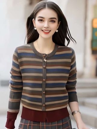 #我要上热门 #春秋穿搭新鲜感在线#秋冬撞色条纹圆领毛衣大码女装#气质时尚宽松洋气针织衫上衣