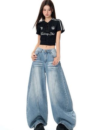 初秋美式高街裁剪弯刀牛仔裤女拖地垂深蓝显瘦#女装搭配 #女装穿搭 #牛仔裤搭配 #牛仔裤天花板 #裤子穿搭