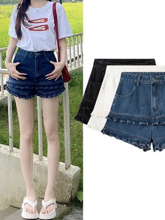 2025新款韩版压轴花边小众设计感木耳边牛仔短裤女夏减龄百搭热裤#夏季穿搭 #短裤穿搭 #辣妹穿搭 #遮肉显瘦#气质百搭
