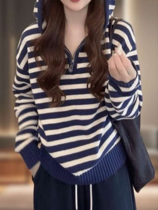 2025春秋新款连帽条纹针织衫女士宽松阔腿休闲裤时尚套装洋气女装#时尚穿搭 #百搭 #气质穿搭 #洋气减龄 #谁穿谁好看