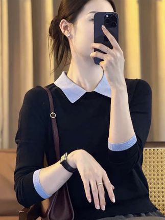 时尚撞色长袖polo针织衫女秋季新款内搭打底宽松显瘦减龄气质上衣 #气质穿搭 #穿出高级感 #假两件 #减龄穿搭 #内搭外穿都好看