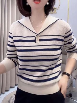 海军领长袖针织衫宽松显瘦减龄气质穿搭#简约穿搭 #减龄气质 #条纹控 #洋气小衫 #遮肉显瘦穿搭