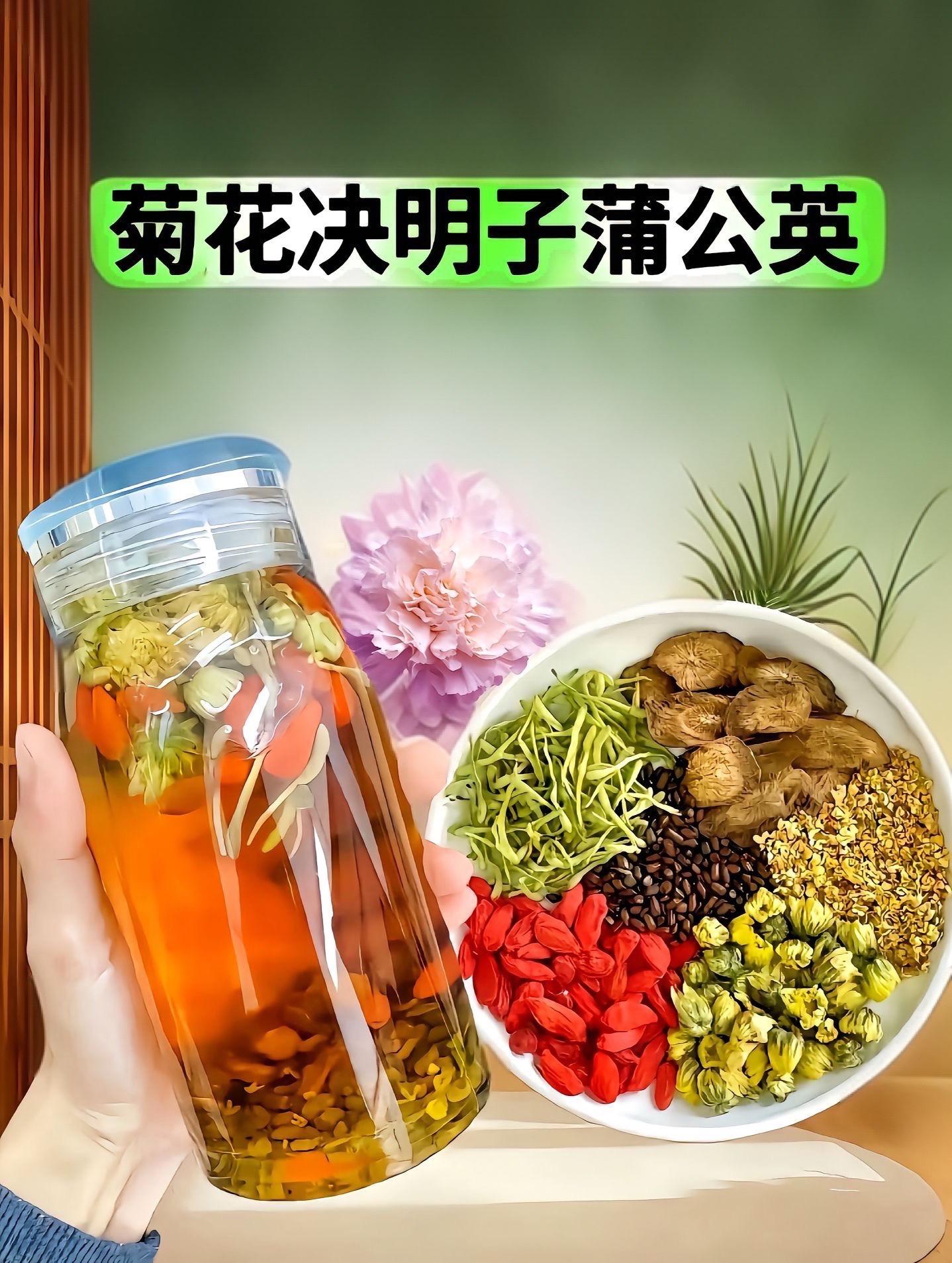菊花决明子蒲公英茶。#图文伙伴计划家人们,快来试试这款蒲公英菊花决明子茶!干净配料表:蒲公英,菊花,决明子,甘草,牛蒡根,栀子,枸杞,陈皮,每一样都是真材实料,选用独立包装,干净卫生有保证,取一小包开水冲泡五分钟,就可饮用。 可以反复冲泡。每天来一杯,心情美美哒#熬夜必备口感特别好#养生茶#养生健康#今天你喝茶了