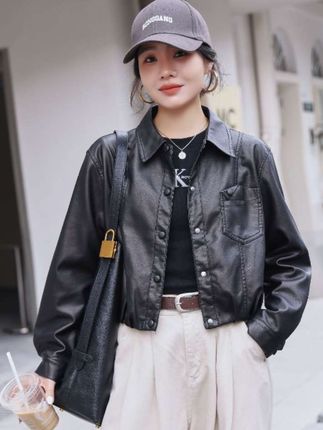 2025春秋新款韩饭翻领儿皮衣外套女小个子短款显 瘦皮夹克上衣#夹克 #夹克外套 #时尚妈妈装 #时尚穿搭 #穿搭技巧