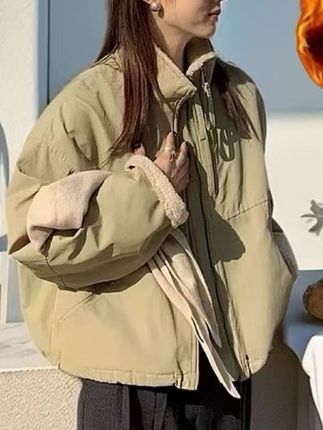 短款2025仿羊羔毛双拉链派克服女小个子韩版休闲宽松棉服外套#休闲#宽松#百搭#舒适#时尚